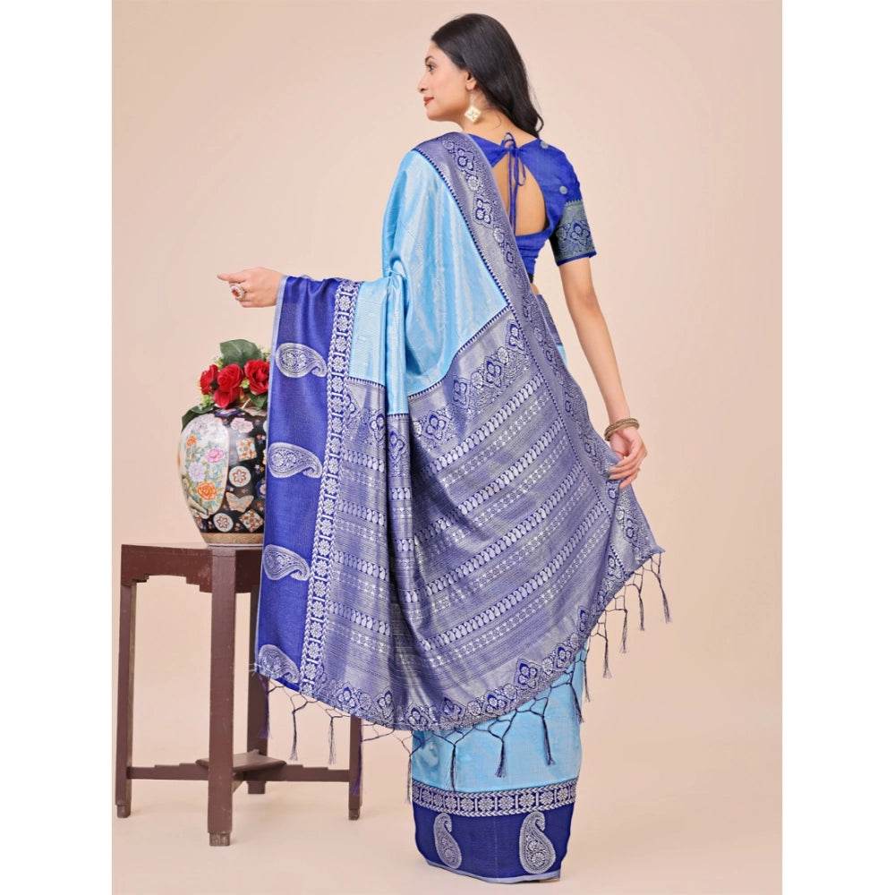 Generic Women's Lichi Silk Printed Saree With Unstitched Blouse 5.5Mtr (Sky Blue) - MYLUXURY LANE ENTERPRISE