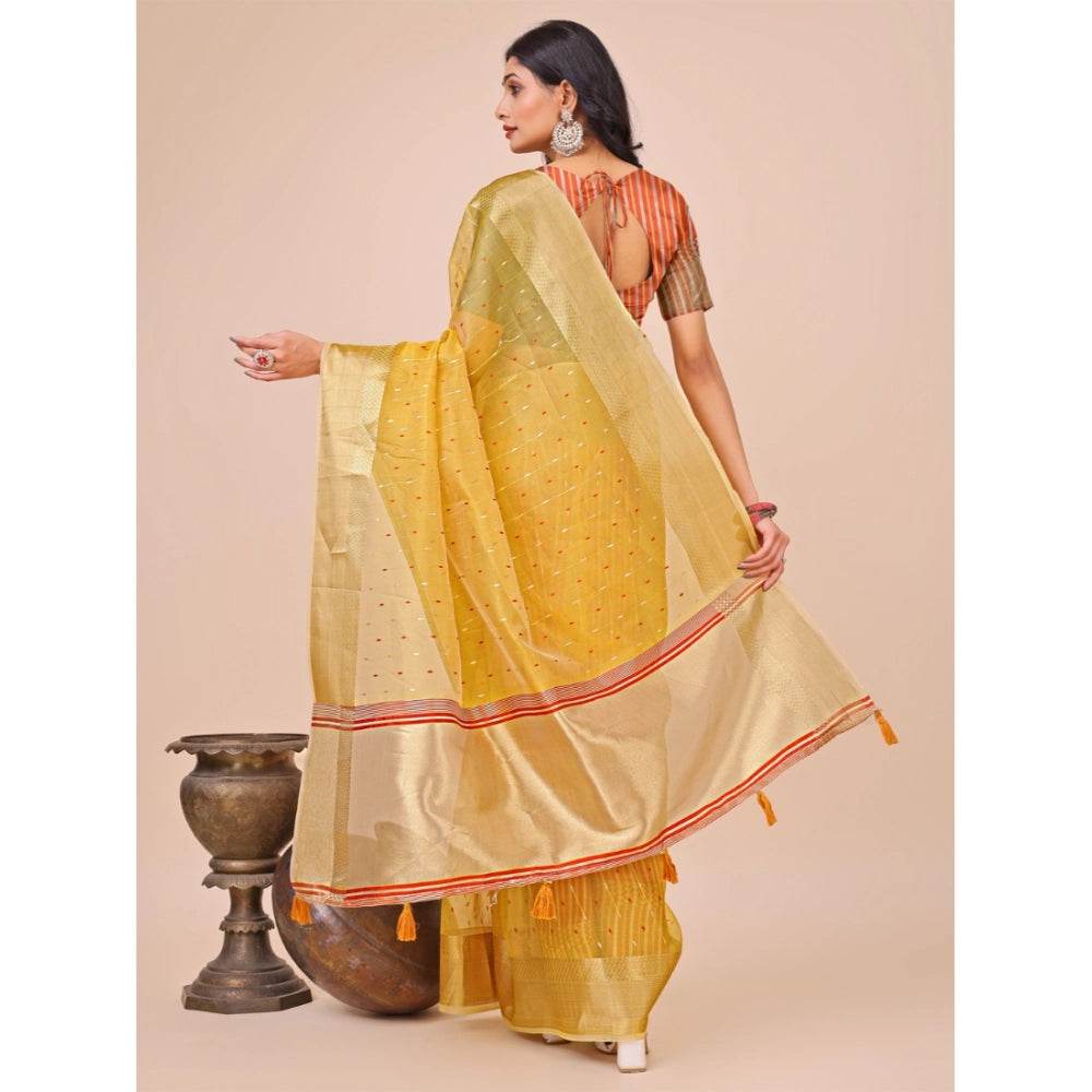 Generic Women's Organza Printed Saree With Unstitched Blouse 5.5Mtr (Yellow) - MYLUXURY LANE ENTERPRISE