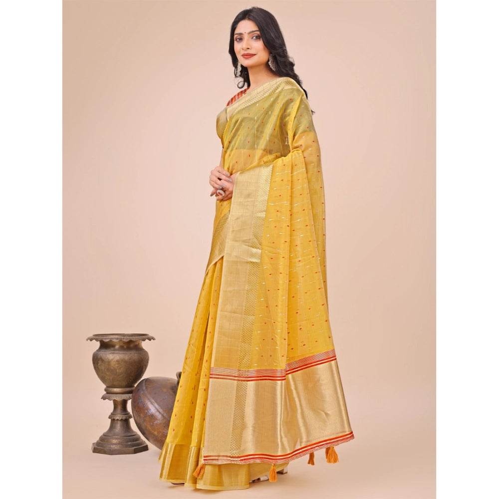 Generic Women's Organza Printed Saree With Unstitched Blouse 5.5Mtr (Yellow) - MYLUXURY LANE ENTERPRISE