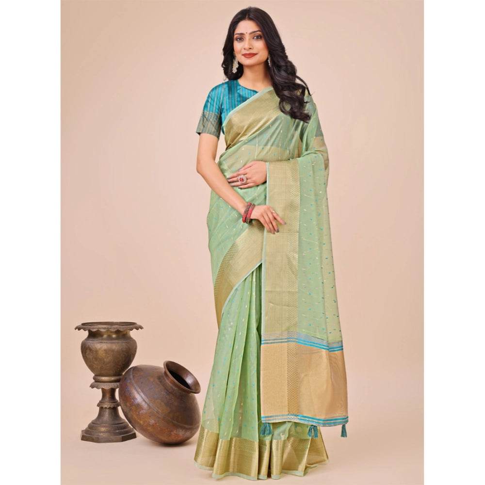 Generic Women's Organza Printed Saree With Unstitched Blouse 5.5Mtr (Green) - MYLUXURY LANE ENTERPRISE