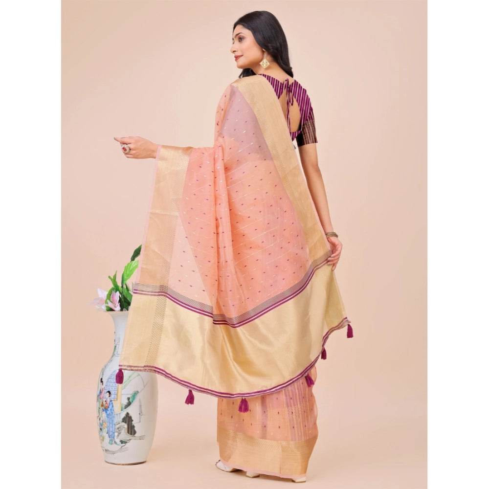 Generic Women's Organza Printed Saree With Unstitched Blouse 5.5Mtr (Light Pink) - MYLUXURY LANE ENTERPRISE