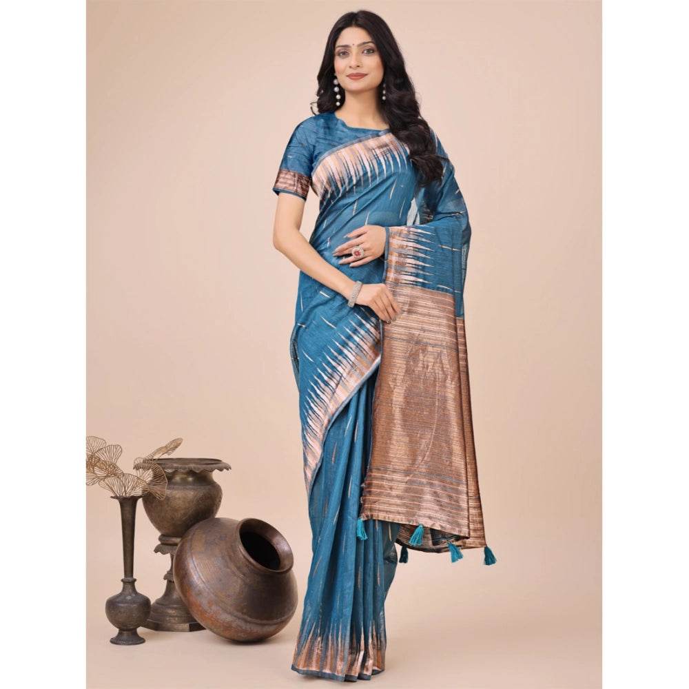 Generic Women's Linen Cotton Printed Saree With Unstitched Blouse 5.5Mtr (Blue) - MYLUXURY LANE ENTERPRISE