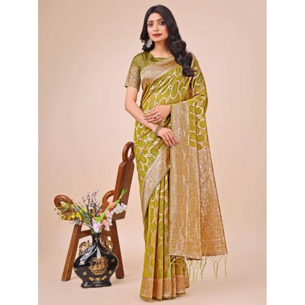 Generic Women's Linen Cotton Printed Saree With Unstitched Blouse 5.5Mtr (Olive Green) - MYLUXURY LANE ENTERPRISE