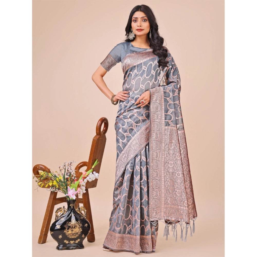 Generic Women's Linen Cotton Printed Saree With Unstitched Blouse 5.5Mtr (Grey) - MYLUXURY LANE ENTERPRISE