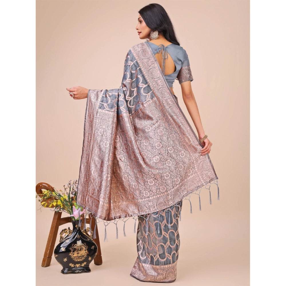 Generic Women's Linen Cotton Printed Saree With Unstitched Blouse 5.5Mtr (Grey) - MYLUXURY LANE ENTERPRISE