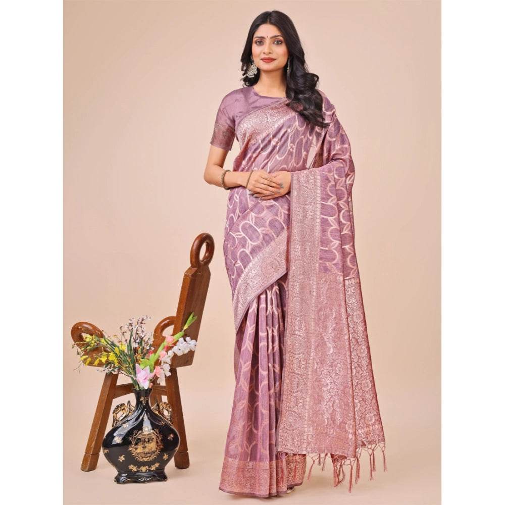 Generic Women's Linen Cotton Printed Saree With Unstitched Blouse 5.5Mtr (Purple) - MYLUXURY LANE ENTERPRISE