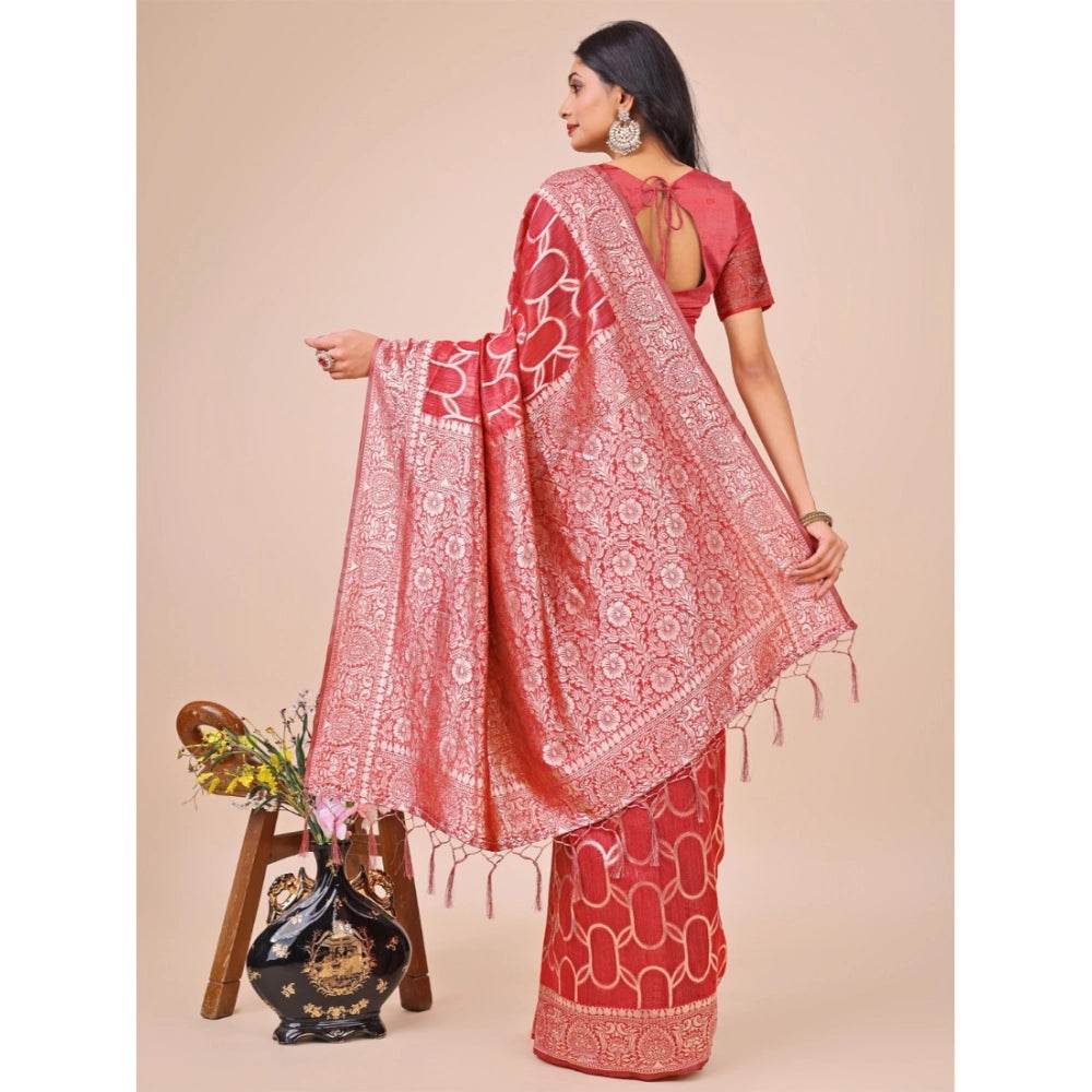 Generic Women's Linen Cotton Printed Saree With Unstitched Blouse 5.5Mtr (Red) - MYLUXURY LANE ENTERPRISE