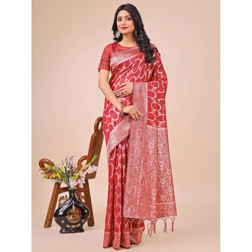 Generic Women's Linen Cotton Printed Saree With Unstitched Blouse 5.5Mtr (Red) - MYLUXURY LANE ENTERPRISE
