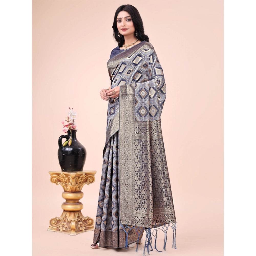 Generic Women's Cotton Printed Saree With Unstitched Blouse 5.5Mtr (Navy Blue) - MYLUXURY LANE ENTERPRISE