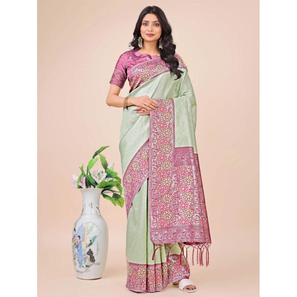Generic Women's Lichi Silk Printed Saree With Unstitched Blouse 5.5Mtr (Olive Green) - MYLUXURY LANE ENTERPRISE