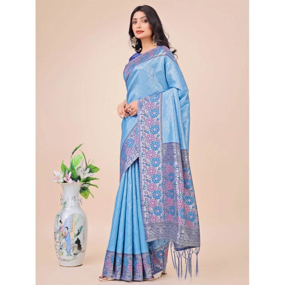 Generic Women's Lichi Silk Printed Saree With Unstitched Blouse 5.5Mtr (Sky Blue) - MYLUXURY LANE ENTERPRISE