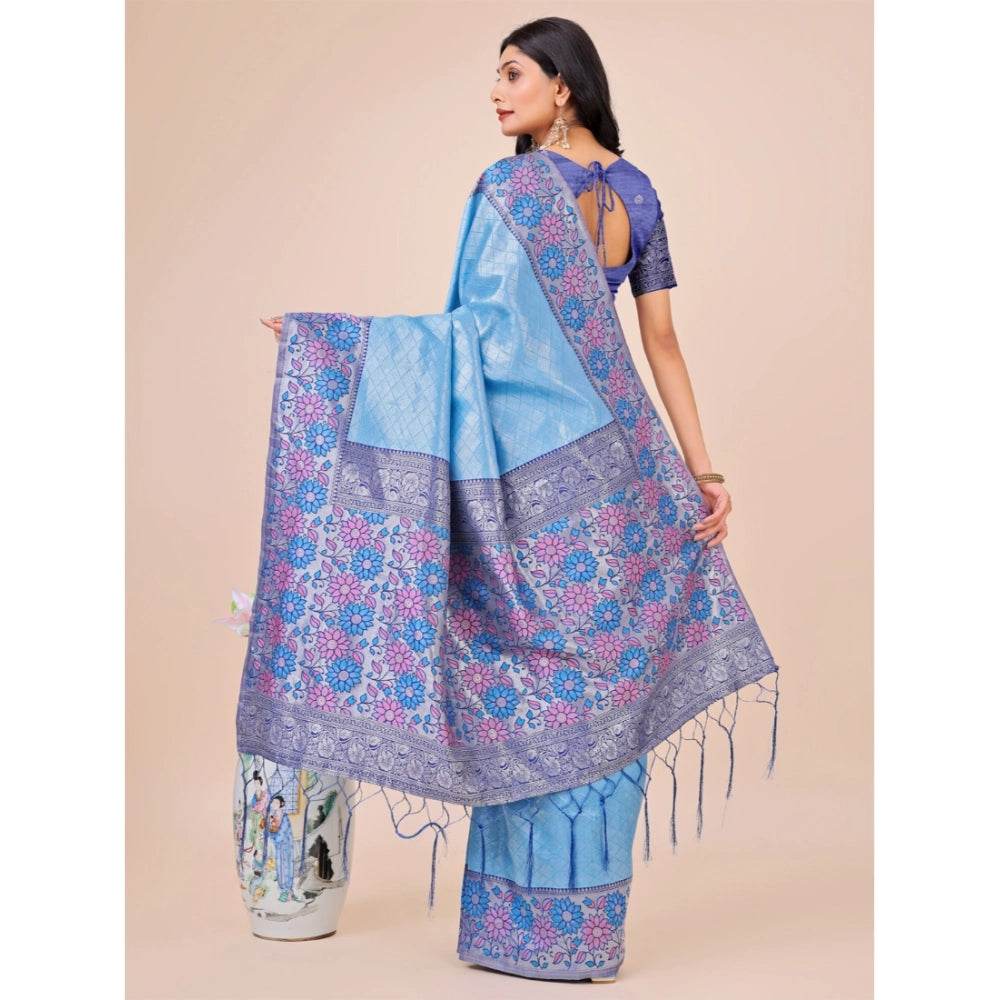 Generic Women's Lichi Silk Printed Saree With Unstitched Blouse 5.5Mtr (Sky Blue) - MYLUXURY LANE ENTERPRISE