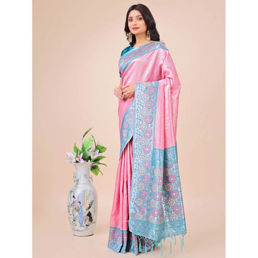Generic Women's Lichi Silk Printed Saree With Unstitched Blouse 5.5Mtr (Pink) - MYLUXURY LANE ENTERPRISE