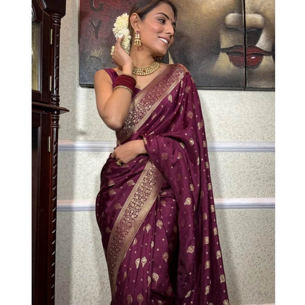 Generic Women's Silk Printed Saree With Unstitched Blouse 5.5Mtr (Wine) - MYLUXURY LANE ENTERPRISE