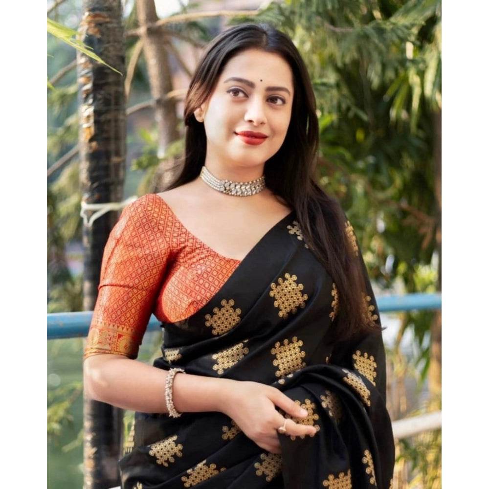 Generic Women's Silk Printed Saree With Unstitched Blouse 5.5Mtr (Blacl-Orange) - MYLUXURY LANE ENTERPRISE