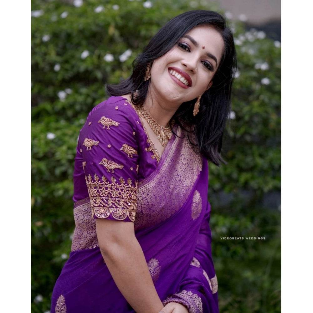 Generic Women's Silk Printed Saree With Unstitched Blouse 5.5Mtr (Purple) - MYLUXURY LANE ENTERPRISE