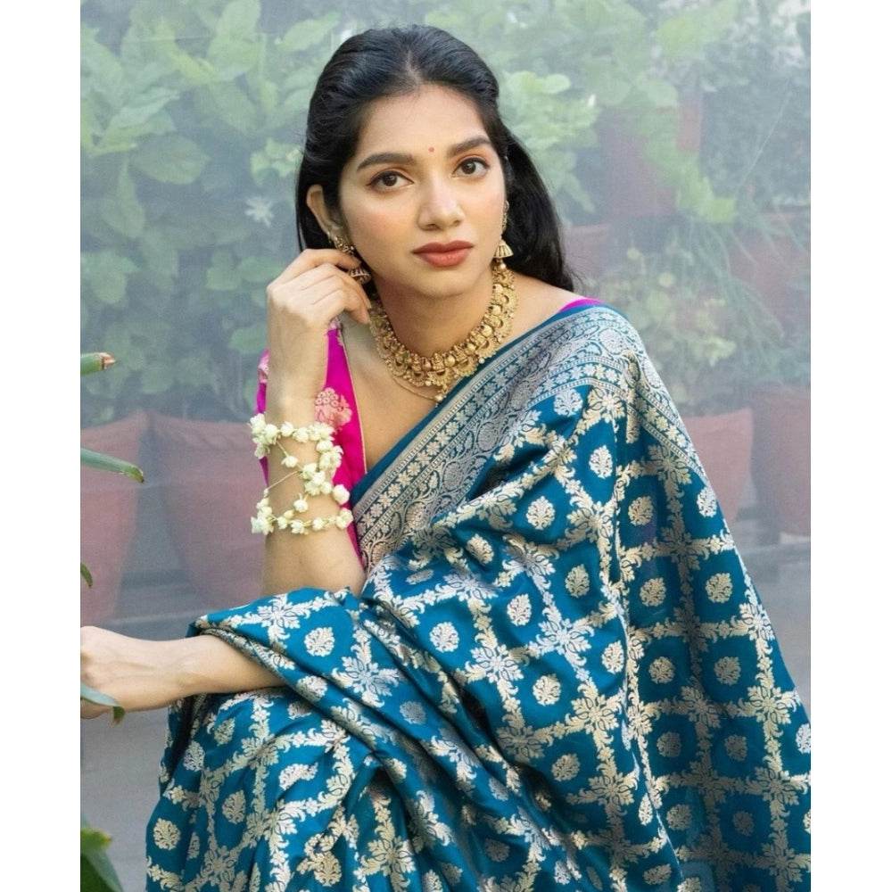 Generic Women's Silk Printed Saree With Unstitched Blouse 5.5Mtr (Sky Blue) - MYLUXURY LANE ENTERPRISE