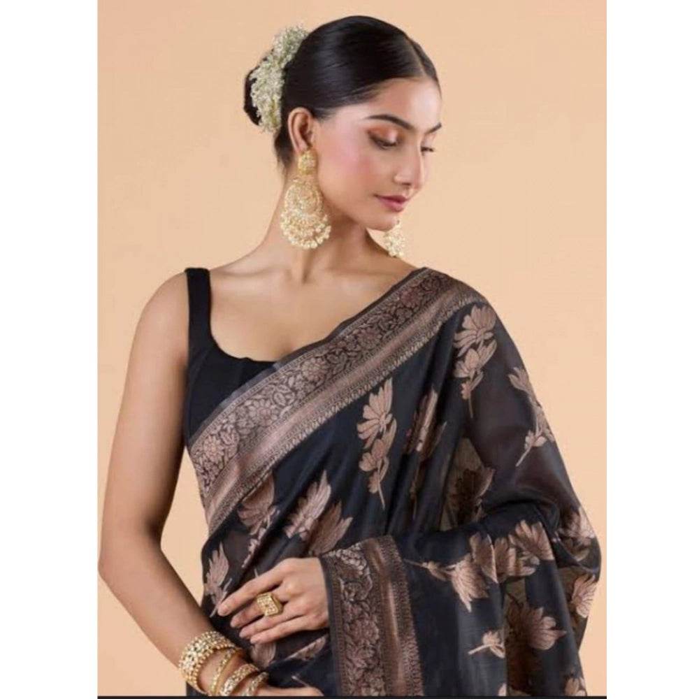 Generic Women's Silk Printed Saree With Unstitched Blouse 5.5Mtr (Black) - MYLUXURY LANE ENTERPRISE