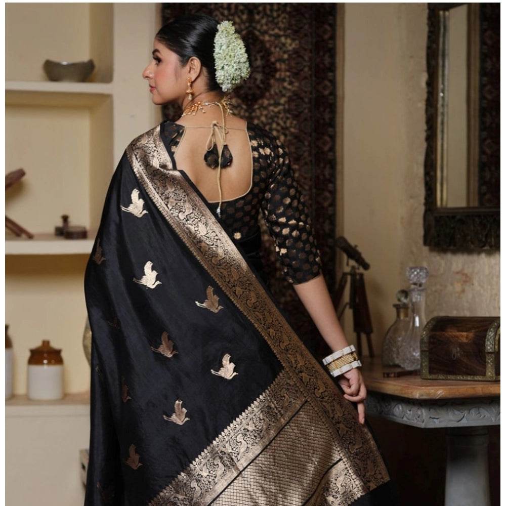 Generic Women's Silk Printed Saree With Unstitched Blouse 5.5Mtr (Black) - MYLUXURY LANE ENTERPRISE