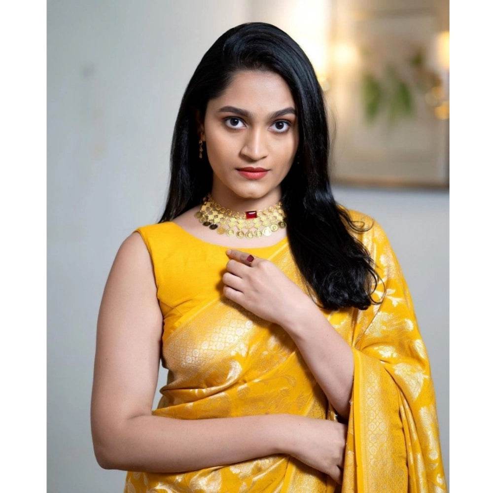 Generic Women's Silk Printed Saree With Unstitched Blouse 5.5Mtr (Yellow) - MYLUXURY LANE ENTERPRISE