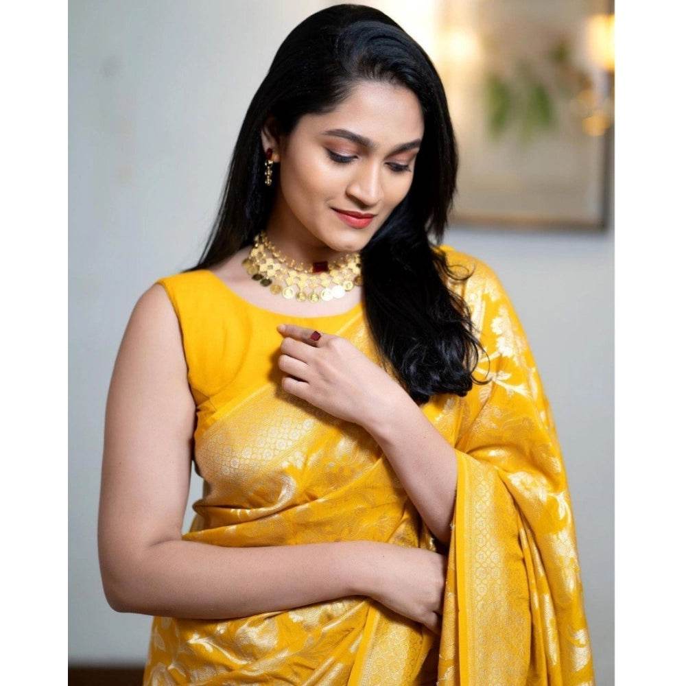 Generic Women's Silk Printed Saree With Unstitched Blouse 5.5Mtr (Yellow) - MYLUXURY LANE ENTERPRISE