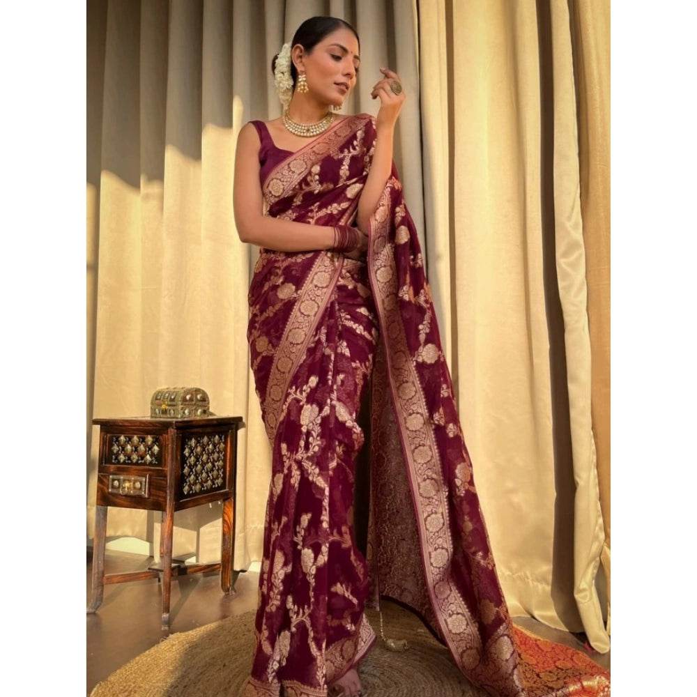 Generic Women's Silk Printed Saree With Unstitched Blouse 5.5Mtr (Maroon) - MYLUXURY LANE ENTERPRISE