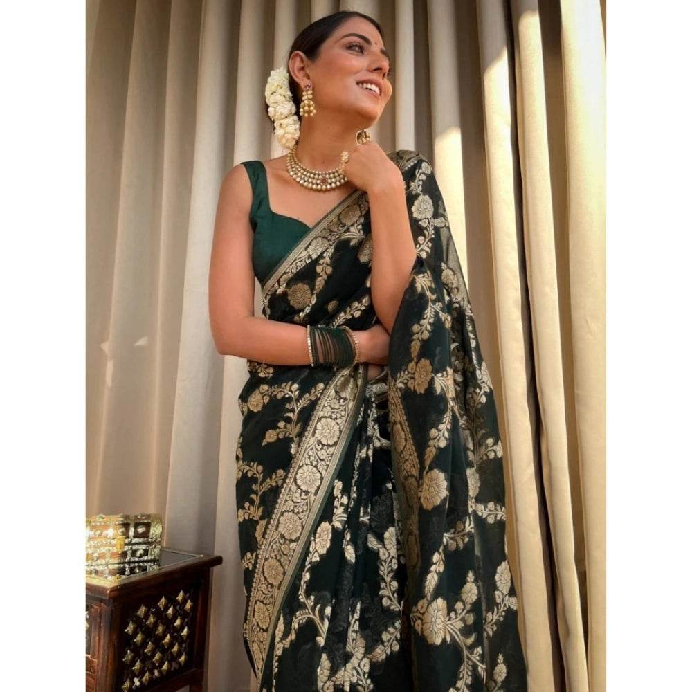 Generic Women's Silk Printed Saree With Unstitched Blouse 5.5Mtr (Dark Green) - MYLUXURY LANE ENTERPRISE