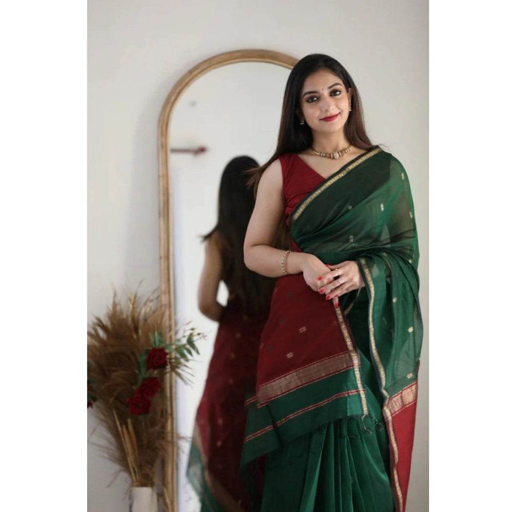 Generic Women's Cotton Printed Saree With Unstitched Blouse 5.5Mtr (Dark Green) - MYLUXURY LANE ENTERPRISE
