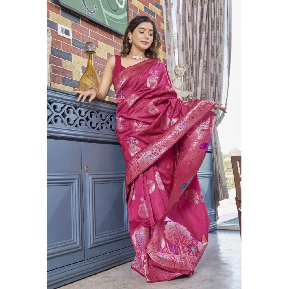 Generic Women's Silk Printed Saree With Unstitched Blouse 5.5Mtr (Rani Pink) - MYLUXURY LANE ENTERPRISE