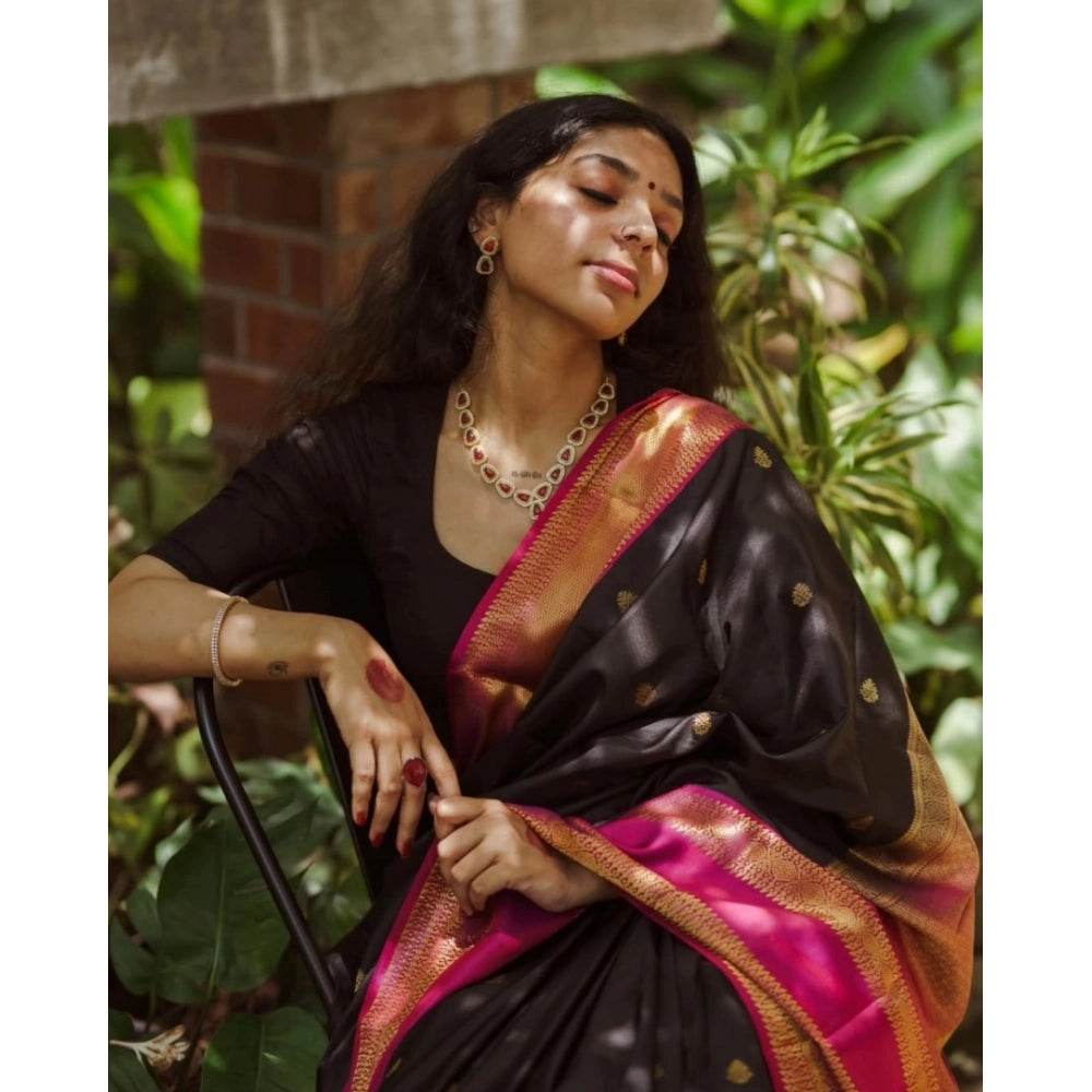Generic Women's Silk Printed Saree With Unstitched Blouse 5.5Mtr (Black-Pink) - MYLUXURY LANE ENTERPRISE