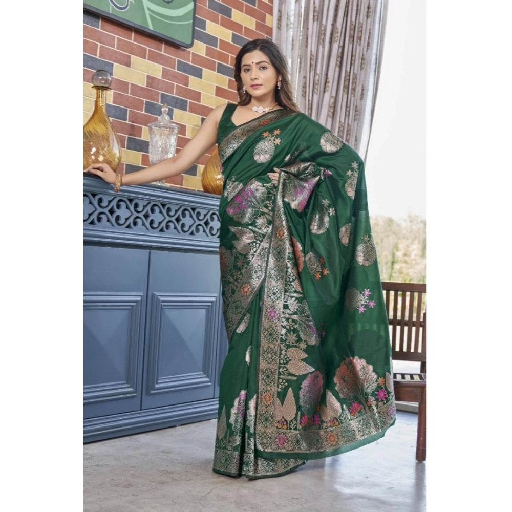 Generic Women's Silk Printed Saree With Unstitched Blouse 5.5Mtr (Green) - MYLUXURY LANE ENTERPRISE