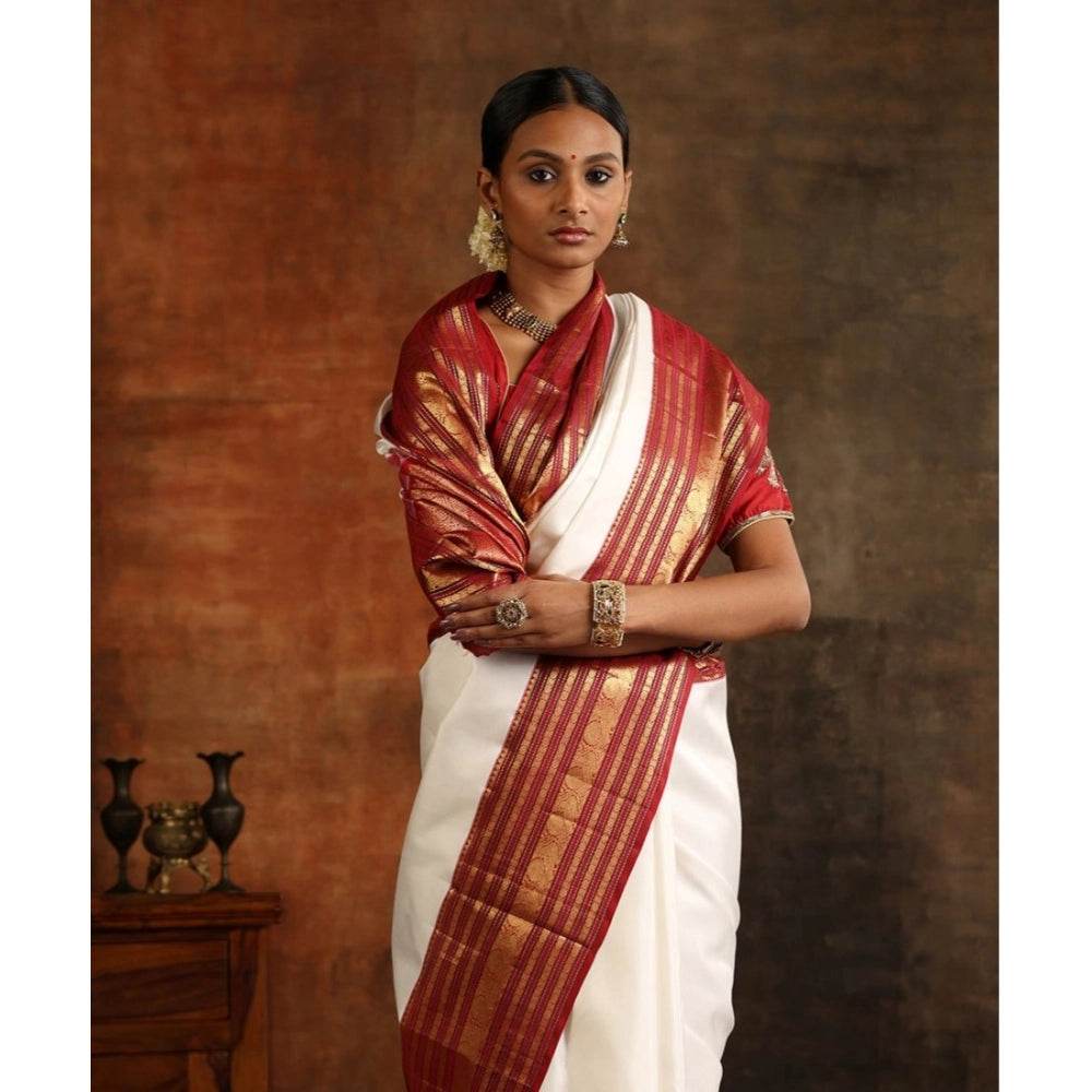 Generic Women's Silk Printed Saree With Unstitched Blouse 5.5Mtr (White-Maroon) - MYLUXURY LANE ENTERPRISE
