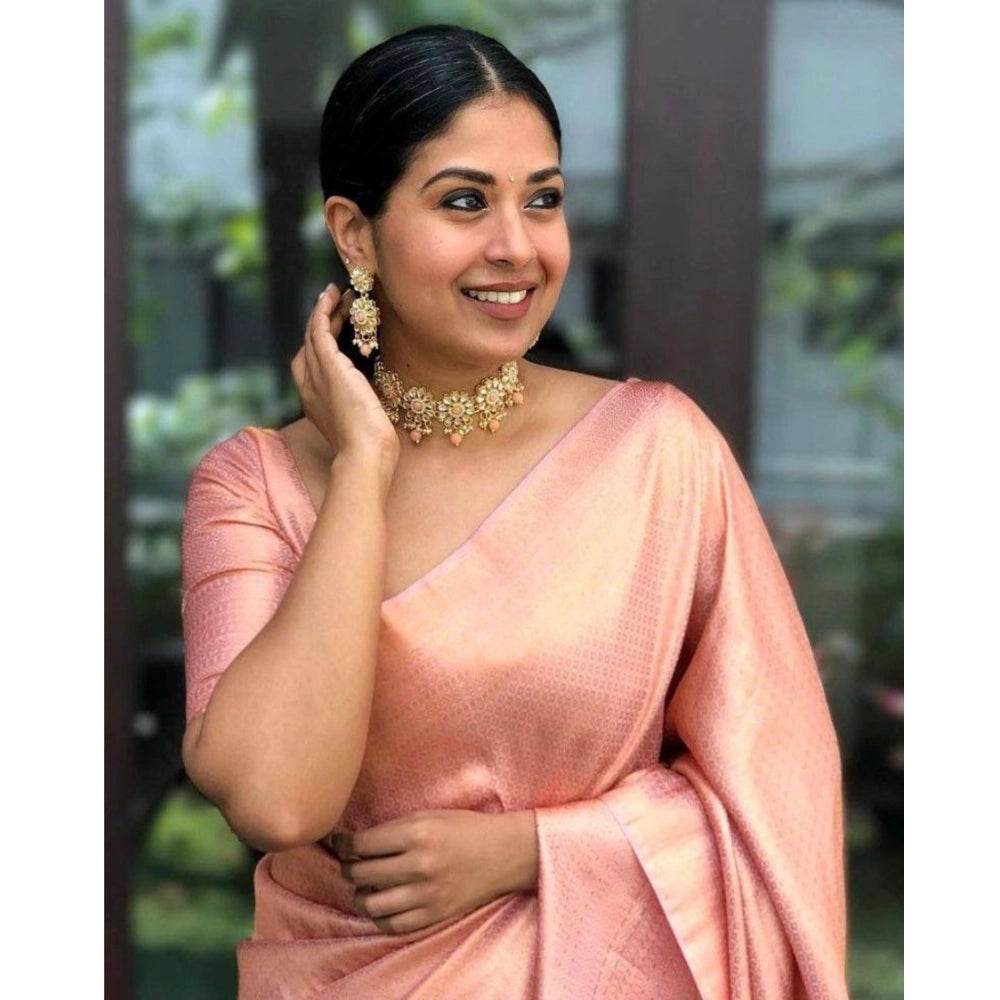 Generic Women's Silk Printed Saree With Unstitched Blouse 5.5Mtr (Peach) - MYLUXURY LANE ENTERPRISE