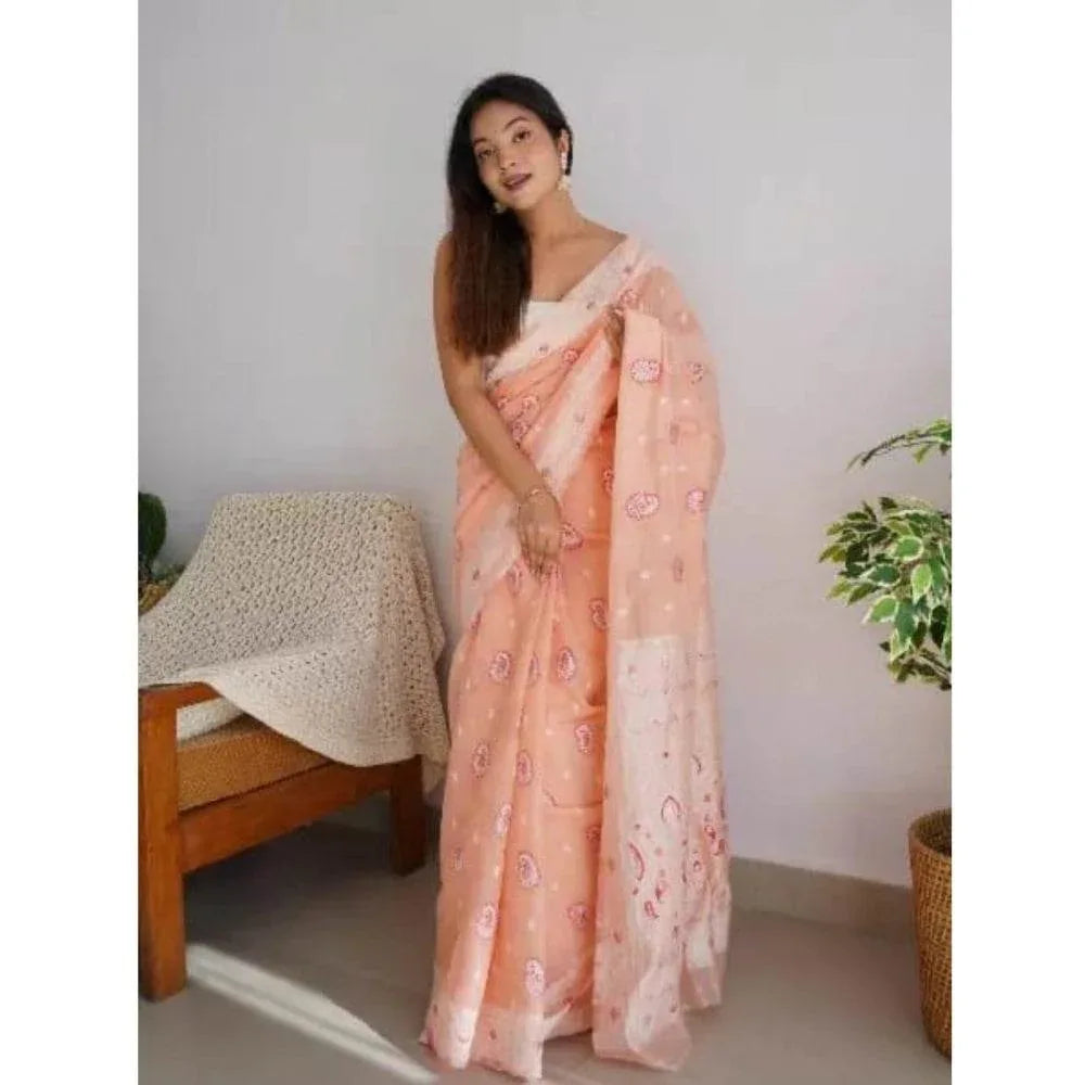 Generic Women's Cotton Printed Saree With Unstitched Blouse 5.5Mtr (Peach) - MYLUXURY LANE ENTERPRISE