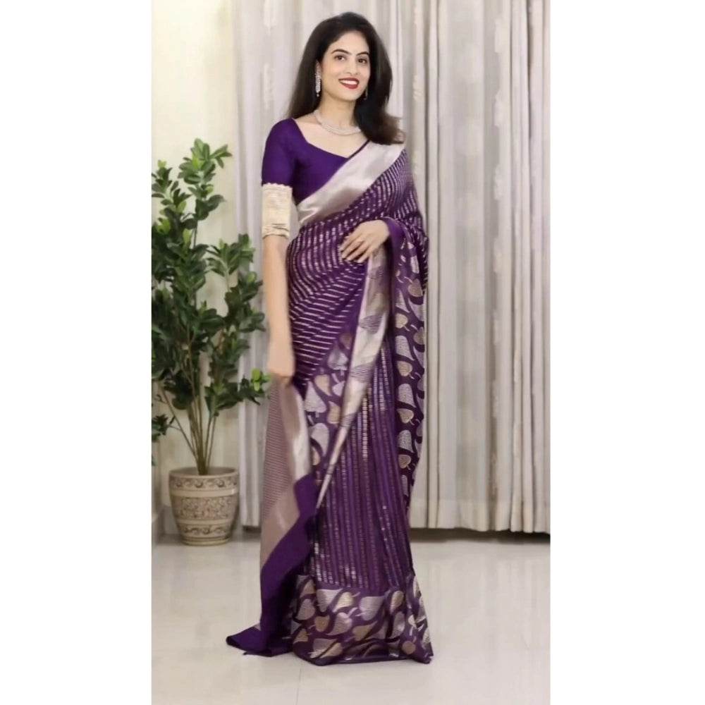 Generic Women's Silk Printed Saree With Unstitched Blouse 5.5Mtr (Purple) - MYLUXURY LANE ENTERPRISE