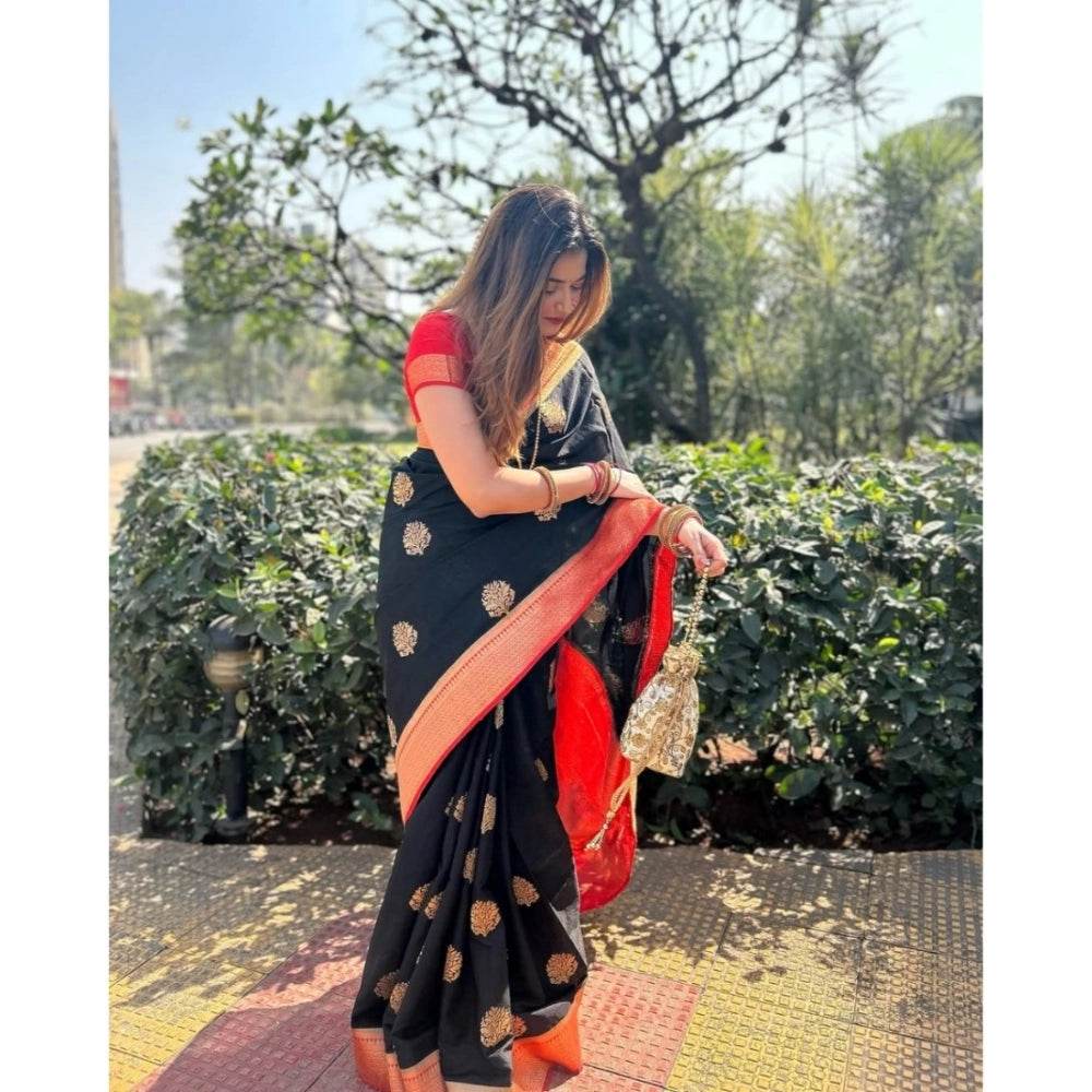 Generic Women's Silk Printed Saree With Unstitched Blouse 5.5Mtr (Black-Red) - MYLUXURY LANE ENTERPRISE
