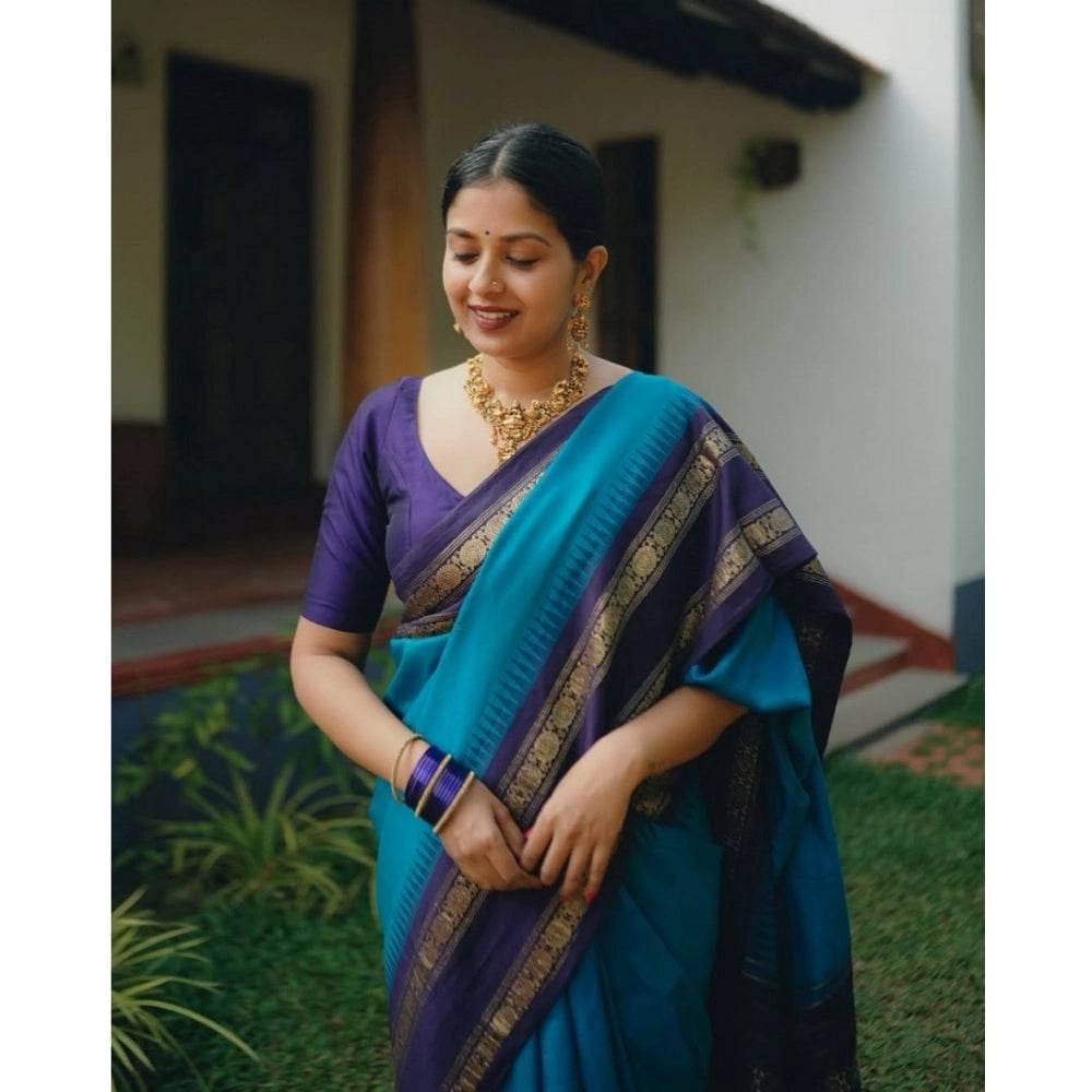 Generic Women's Silk Printed Saree With Unstitched Blouse 5.5Mtr (Blue) - MYLUXURY LANE ENTERPRISE