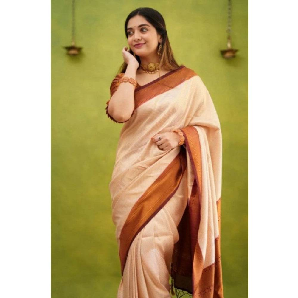 Generic Women's Silk Printed Saree With Unstitched Blouse 5.5Mtr (Cream) - MYLUXURY LANE ENTERPRISE