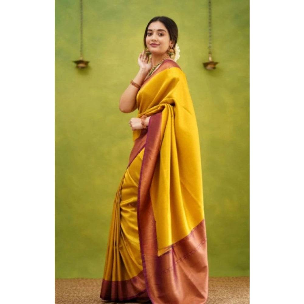 Generic Women's Silk Printed Saree With Unstitched Blouse 5.5Mtr (Yellow) - MYLUXURY LANE ENTERPRISE