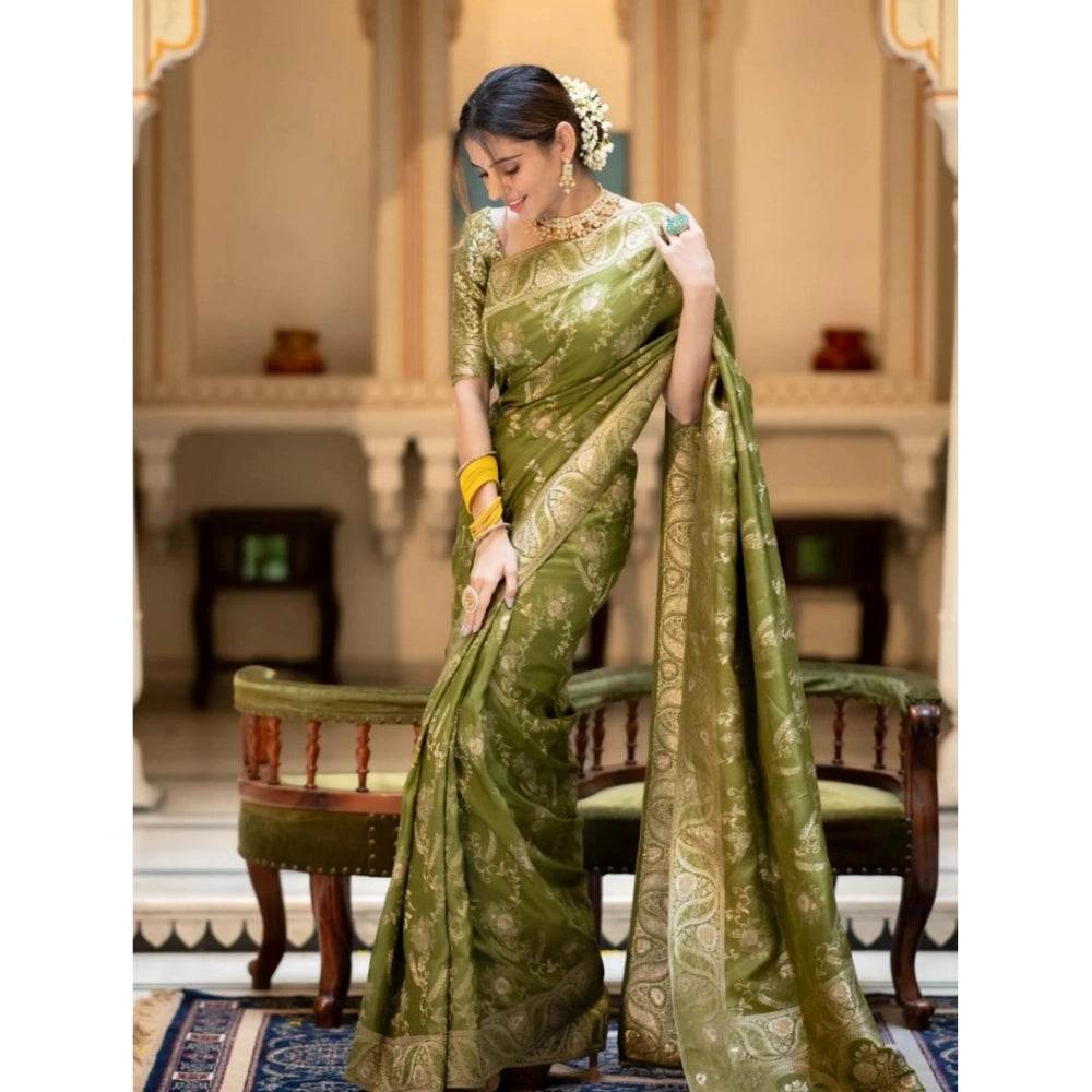Generic Women's Silk Printed Saree With Unstitched Blouse 5.5Mtr (Olive Green) - MYLUXURY LANE ENTERPRISE