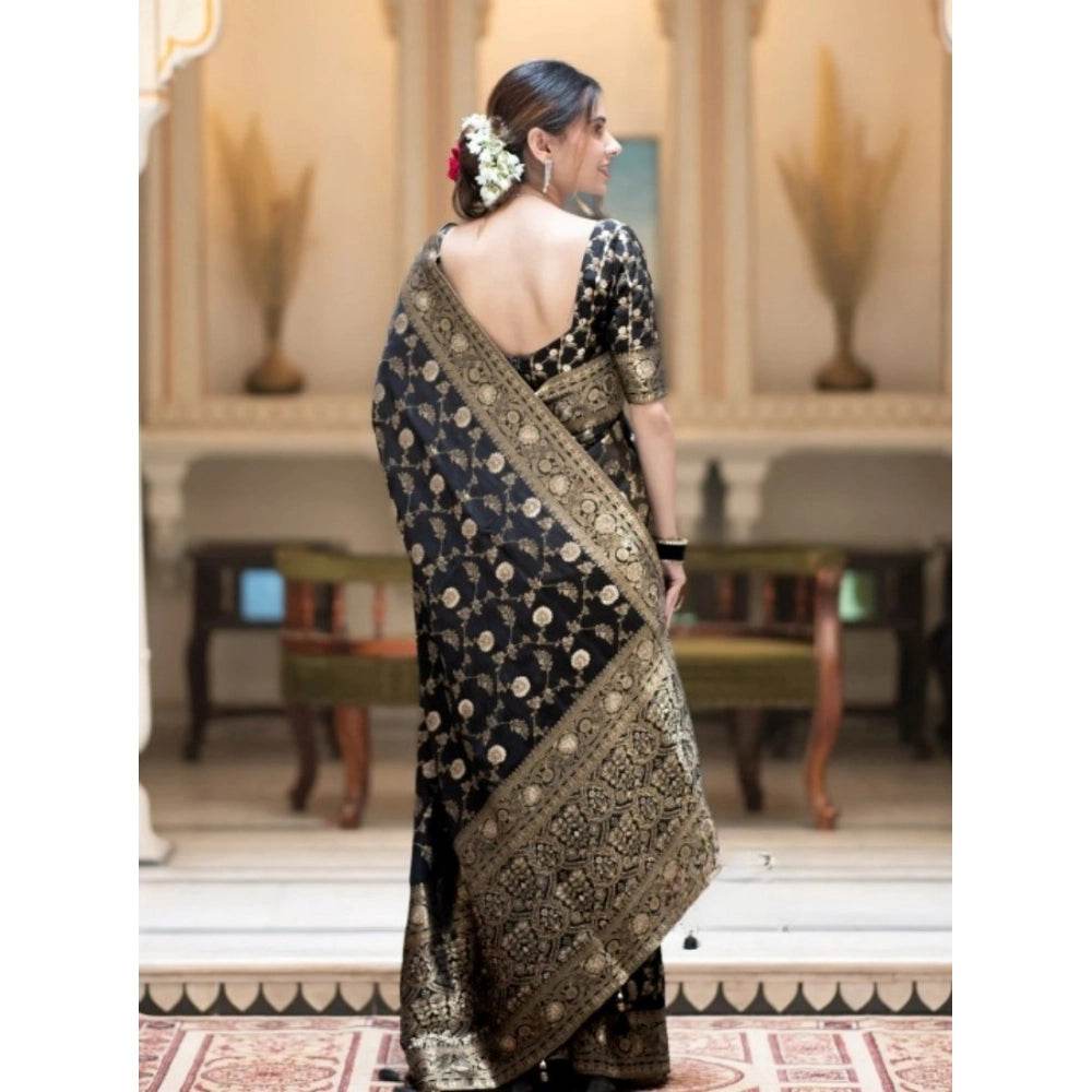 Generic Women's Silk Printed Saree With Unstitched Blouse 5.5Mtr (Black) - MYLUXURY LANE ENTERPRISE