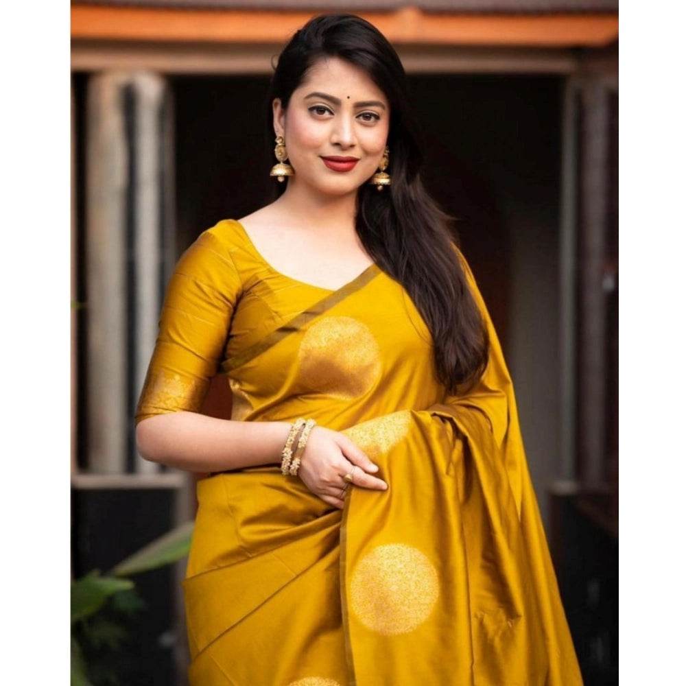 Generic Women's Silk Printed Saree With Unstitched Blouse 5.5Mtr (Yellow) - MYLUXURY LANE ENTERPRISE