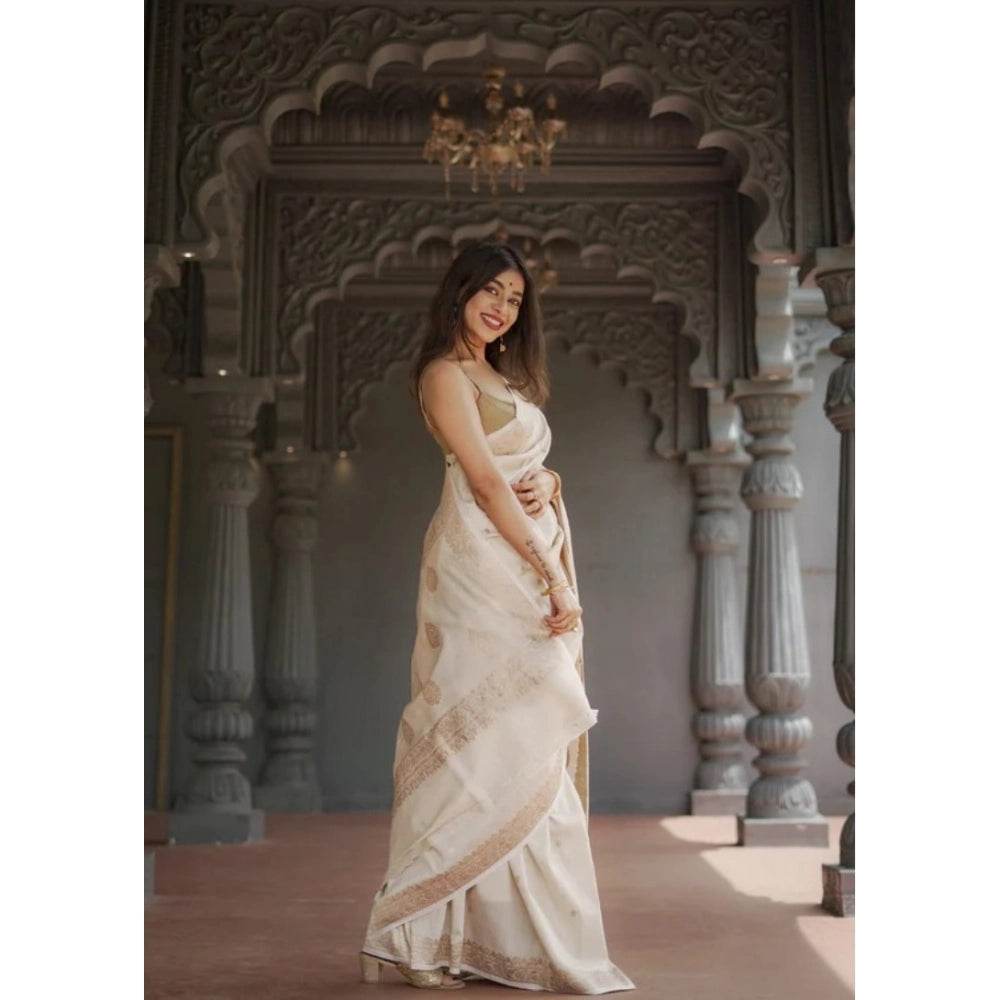 Generic Women's Cotton Printed Saree With Unstitched Blouse 5.5Mtr (Cream) - MYLUXURY LANE ENTERPRISE