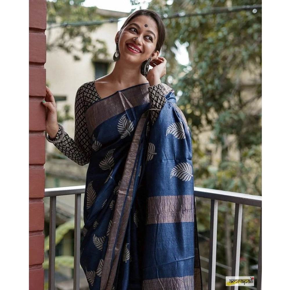 Generic Women's Silk Printed Saree With Unstitched Blouse 5.5Mtr (Navy Blue) - MYLUXURY LANE ENTERPRISE