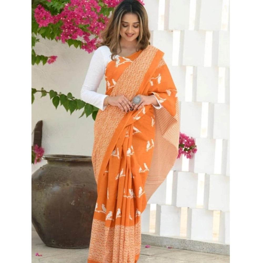 Generic Women's Silk Printed Saree With Unstitched Blouse 5.5Mtr (Orange) - MYLUXURY LANE ENTERPRISE