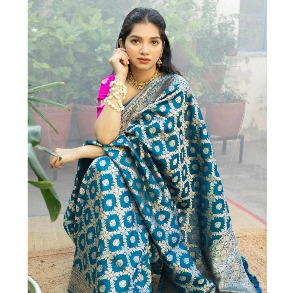 Generic Women's Silk Printed Saree With Unstitched Blouse 5.5Mtr (Sky Blue) - MYLUXURY LANE ENTERPRISE