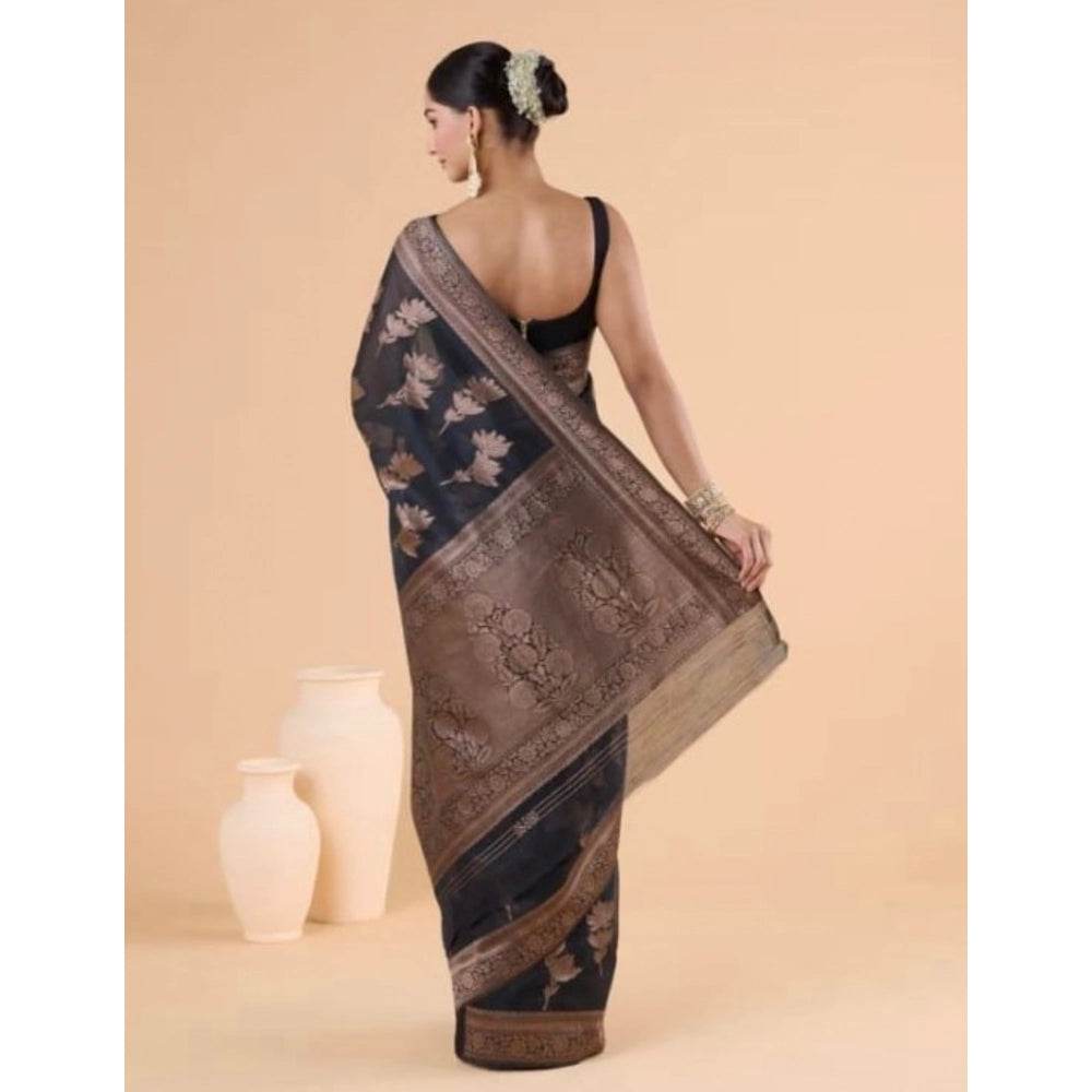 Generic Women's Silk Printed Saree With Unstitched Blouse 5.5Mtr (Black) - MYLUXURY LANE ENTERPRISE