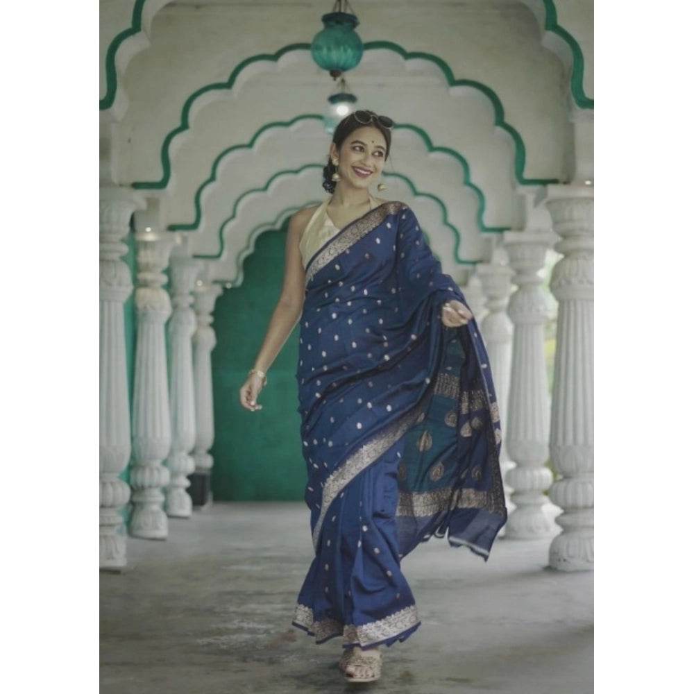 Generic Women's Cotton Printed Saree With Unstitched Blouse 5.5Mtr (Navy Blue) - MYLUXURY LANE ENTERPRISE