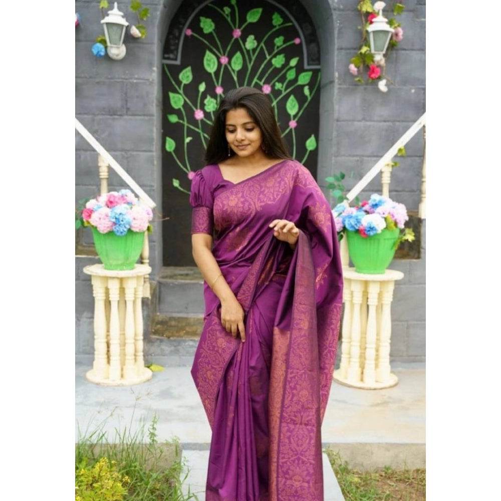Generic Women's Silk Printed Saree With Unstitched Blouse 5.5Mtr (Purple) - MYLUXURY LANE ENTERPRISE