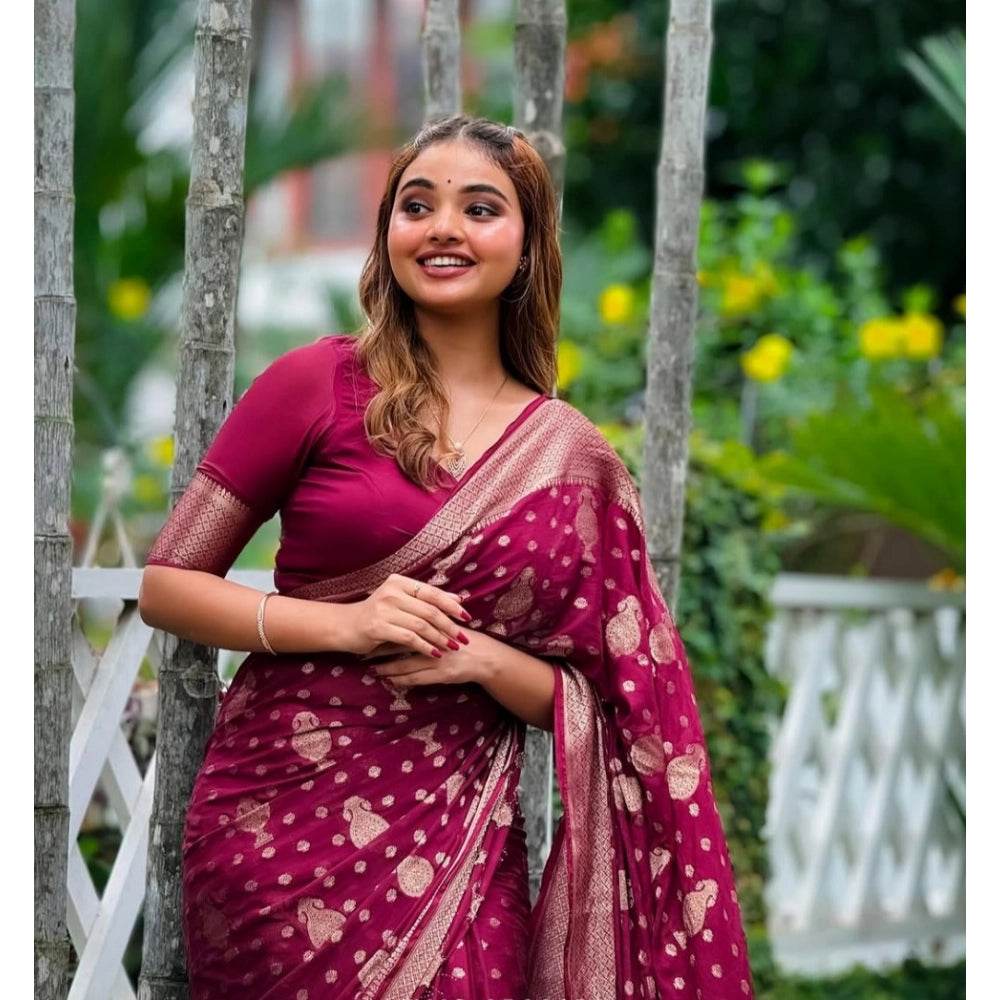 Generic Women's Silk Printed Saree With Unstitched Blouse 5.5Mtr (Wine) - MYLUXURY LANE ENTERPRISE